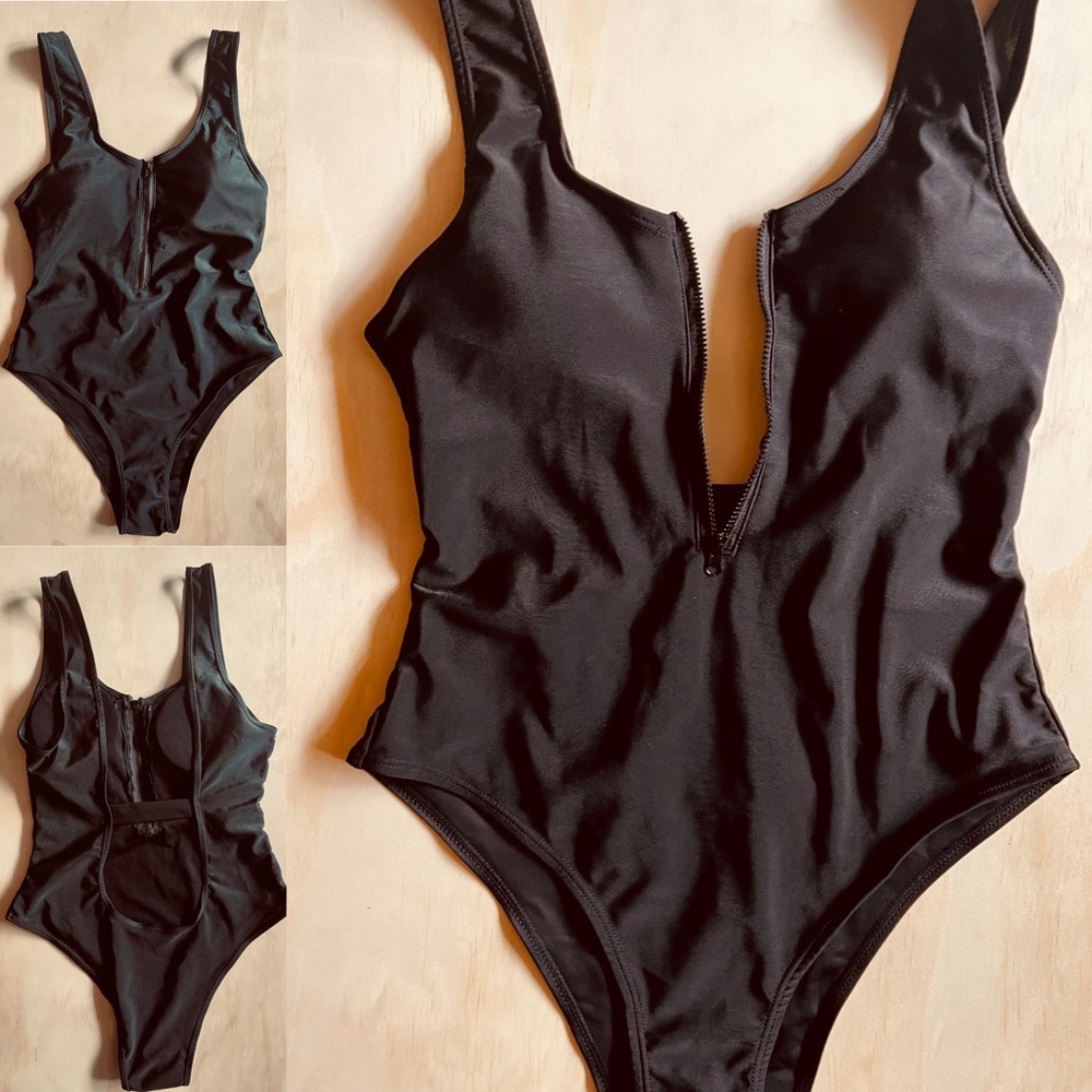 Sexy Black Zipped Bust - Low Back with Strap - One Piece - SM